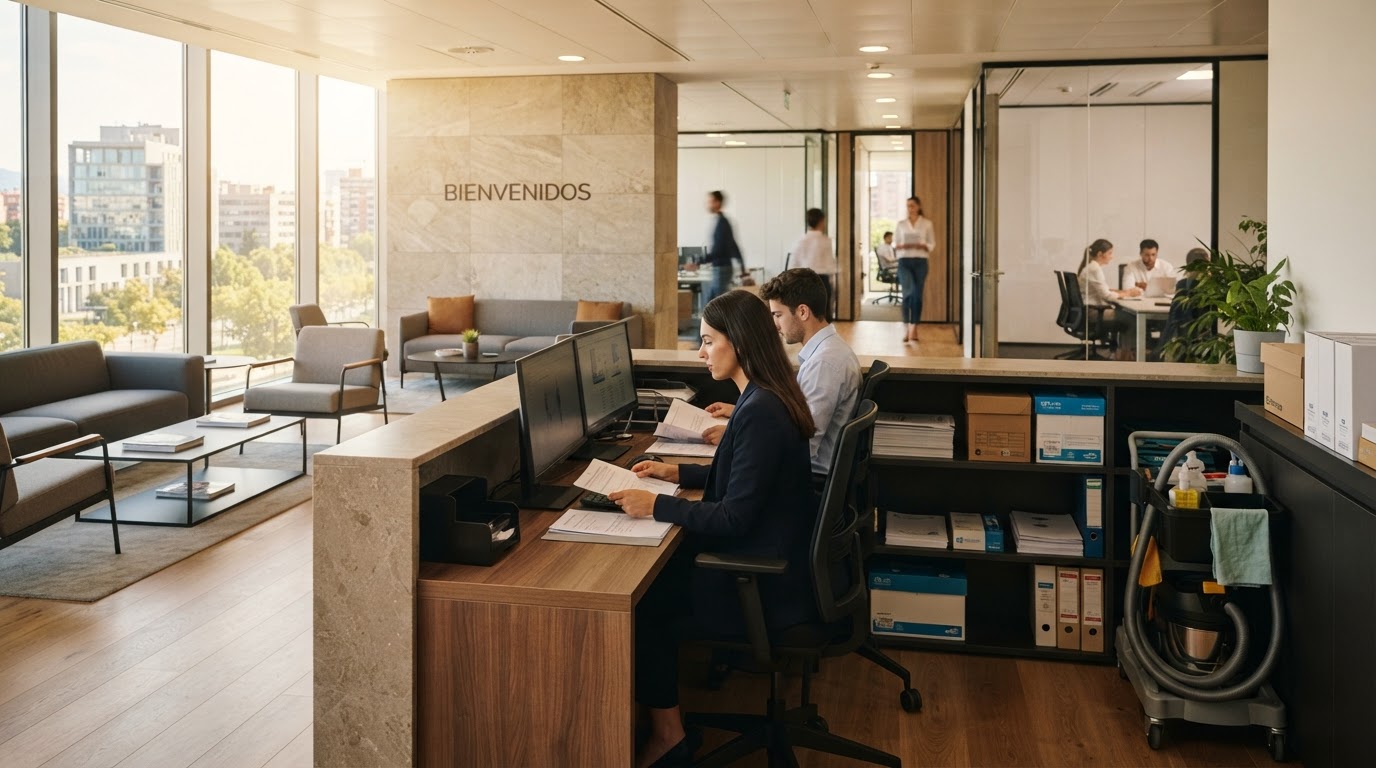 Oficina moderna con suministros empresariales para soluciones integrales